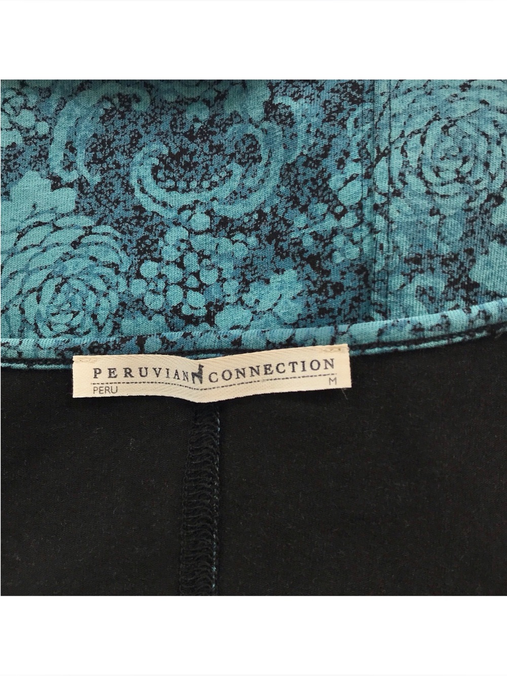 Peruvian Connection Midi Dress Teal Blue & Black Floral Long-Sleeve A-line - Picture 10 of 11